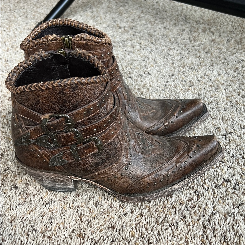 Allen Brown Studded Leather Cowgirl Boots